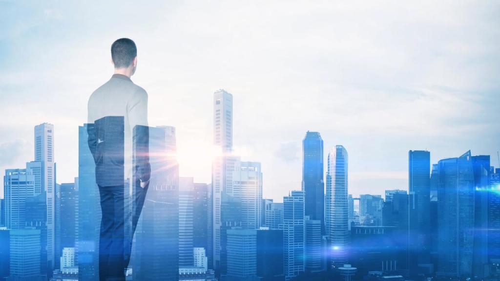 Businessman looking at city skyline from behind perspective